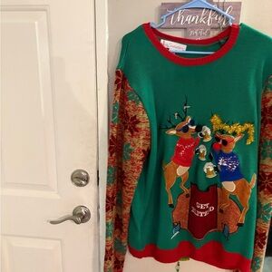 Festive Reindeer Sweater with Red and Green Accents